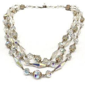 Vintage Clear Aurora Borealis AB Crystal Triple Strand Necklace STUNNING!